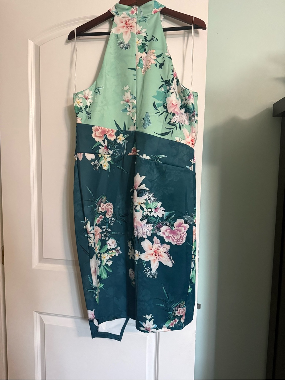 Floral Halter Sheath Dress in Mint and Teal